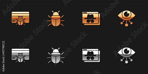 Set System bug in credit card, , Browser incognito window and Eye scan icon. Vector.