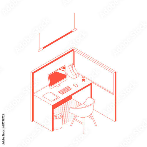 Modern red isometric office cubicle on white. Vector illustration in flat design, isolated. Outlined, linear style.
