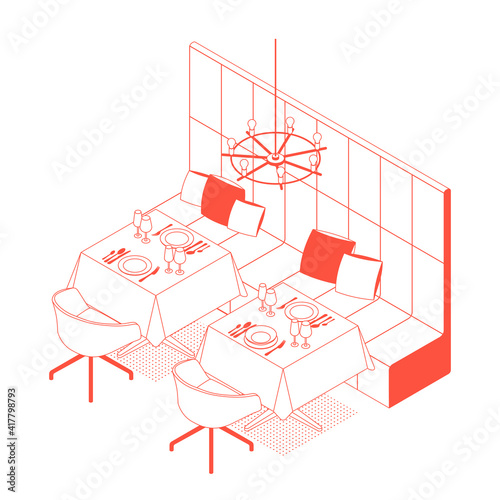 Modern isometric red restaurant, cafe. Vector illustration in flat design, isolated. Outlined, linear style.
