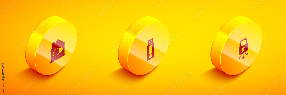 Set Isometric Smart home, USB flash drive and Cyber security icon. Vector. Set Isometric Smart home, USB flash drive and Cyber security icon. Vector.