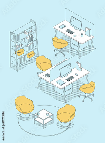 Isometric office interior - desks, conference table, furnitures and appliances. Vector illustration in flat design, isolated. Outlined, linear style.