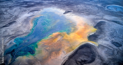 Dry lake or swamp in the process of drought and lack of rain or moisture, a global natural disaster - aerial drone view