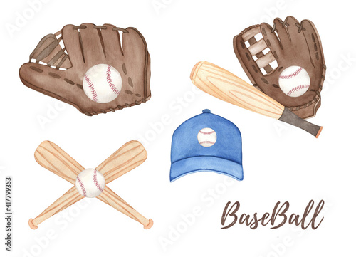 Canvas Print Watercolor baseball compositions, painted on white background, hand drawn