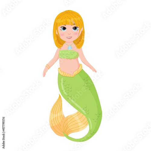 Cute cartoon mermaid. Little Mermaid with Red Hair and Green Tail. A magical creature. Vector illustration isolated on white background.
