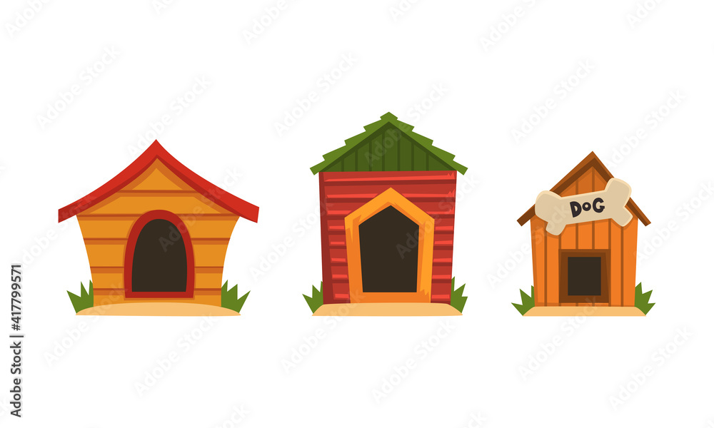 Set of Doghouses, Small Wooden House for Dog Cartoon Vector Illustration