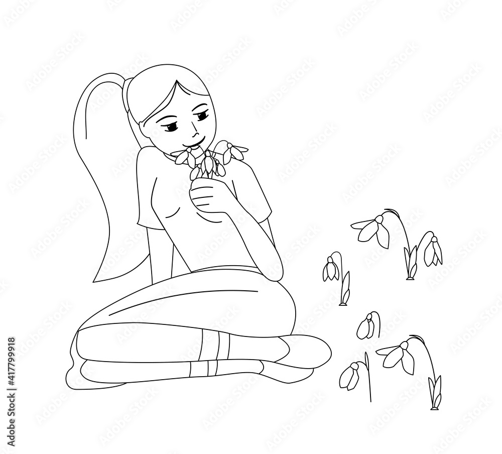 Plakat Young woman sitting with spring flowers snowdrops. Black and white illustration. Can be used for coloring book.