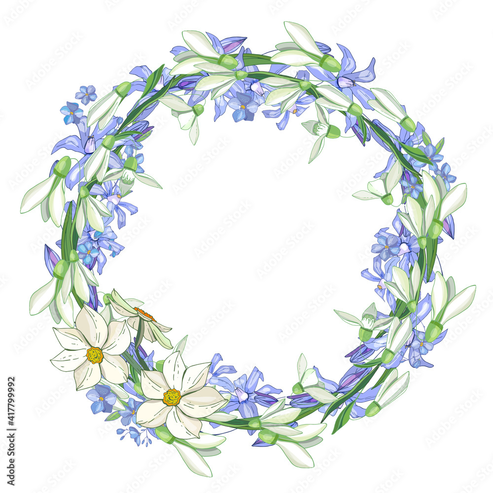 Floral wreath with romantic snowdrops and blue primroses. Illustration can be used for romantic and bridal templates.