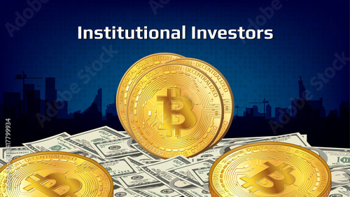 Investing money in bitcoins and cryptoindustry from institutional investors. Mountain of money with golden Bitcoins coins on top and city in the background on blue background. Banner for news.