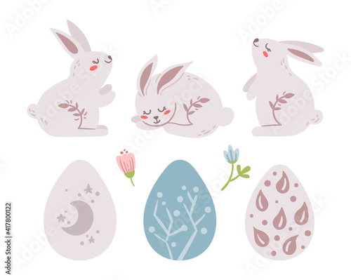 Pastel Easter kids clipart set, boho Easter rabbit and eggs, cute baby bunny isolated elements on white, cartoon vector illustration