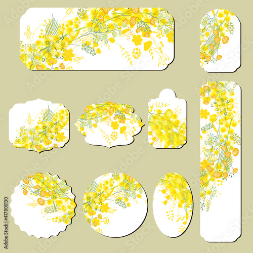 Set with different floral cards with yellow mimosa. Illustration can be used for festive and romantic design templates.