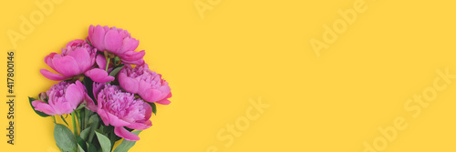 Banner with bouquet of peony flowers on a yellow background. Floral composition with place for text.