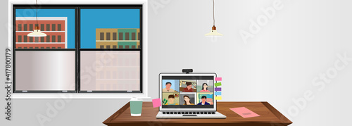 Remote work at home. remote meeting, room, laptop, vector illustration, landscape, copy space, web header, banner, water color, web camera, mockup