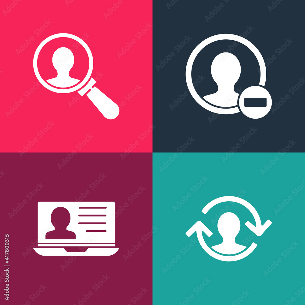 Set pop art Human resources, Laptop with resume, Create account screen and Magnifying glass for search icon. Vector. Set pop art Human resources, Laptop with resume, Create account screen and Magnifying glass for search icon. Vector.