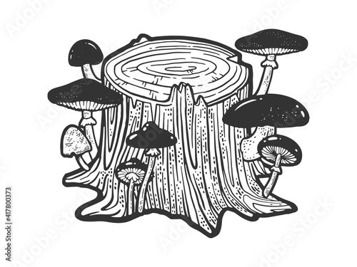 stump overgrown with mushrooms sketch engraving vector illustration. T-shirt apparel print design. Scratch board imitation. Black and white hand drawn image.