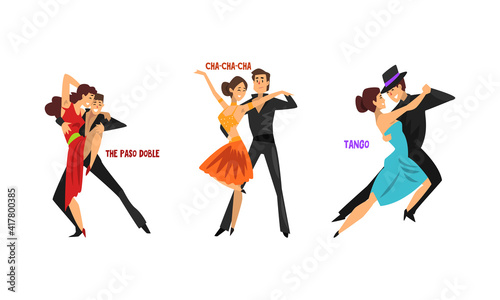 Set of Various Styles of Dancing, Professional Dance Couples Dancing Cha-Cha-Cha, Paso Doble, Tango Cartoon Vector Illustration photo