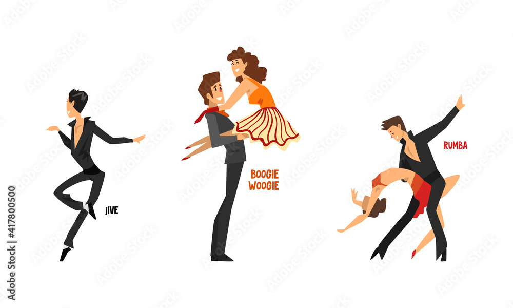 Set of Various Styles of Dancing, Professional Dancers Performing Rumba, Boogie Woogie, Jive Cartoon Vector Illustration