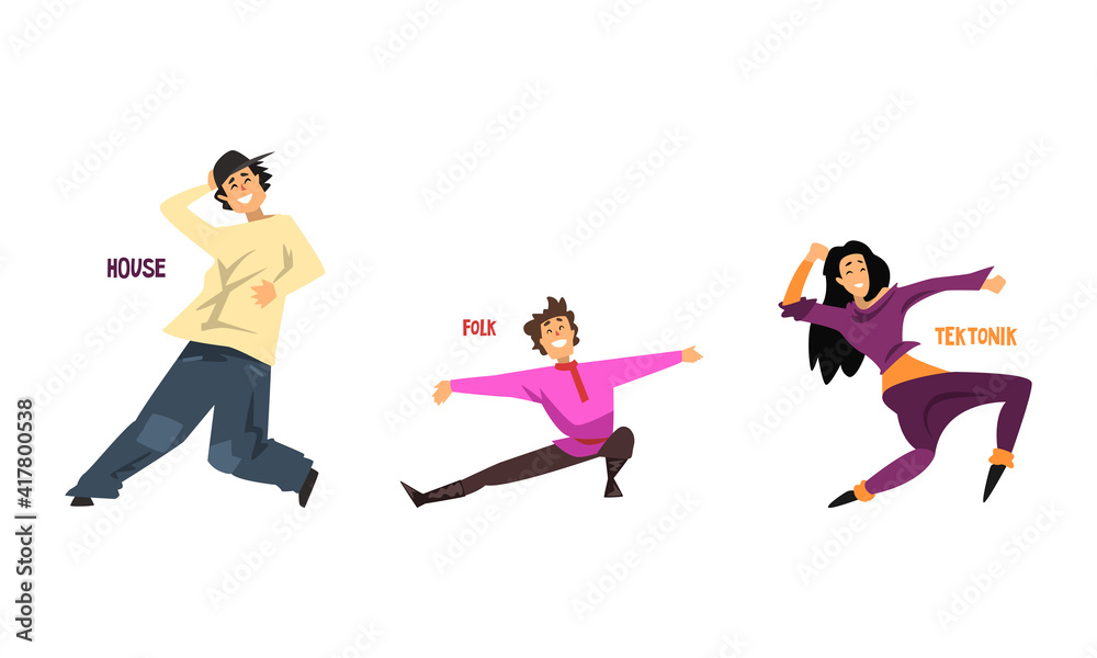 Set of Various Styles of Dancing, Professional Dancers Performing House, Folk, Tektonik Cartoon Vector Illustration