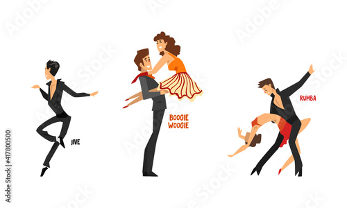 Set of Various Styles of Dancing, Professional Dancers Performing Rumba, Boogie Woogie, Jive Cartoon Vector Illustration