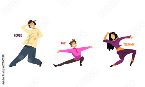 Set of Various Styles of Dancing  Professional Dancers Performing House  Folk  Tektonik Cartoon Vector Illustration
