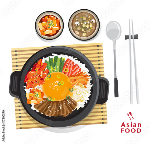 Korean Bibimbap set, Rice mixing with various ingredients in black bowl, top view vector illustration