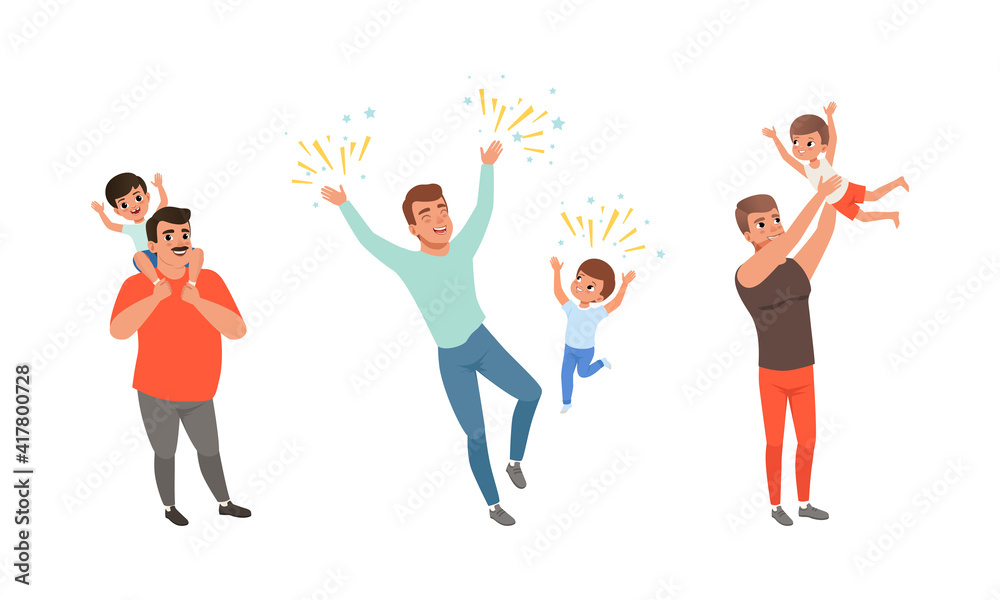 Happy Fatherhood Concept, Set of Fathers and their Kids Having fun Together, Son Playing with Dad Cartoon Vector Illustration Happy Fatherhood Concept, Set of Fathers and their Kids Having fun Together, Son Playing with Dad Cartoon Vector Illustration