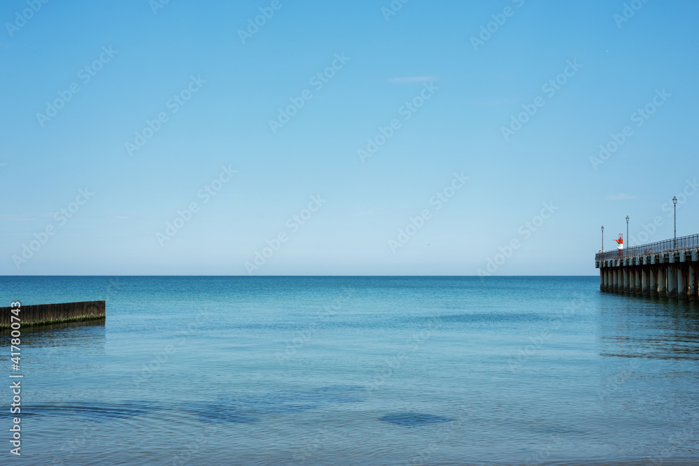 Sea blue water, horizon, pier, breakwaters