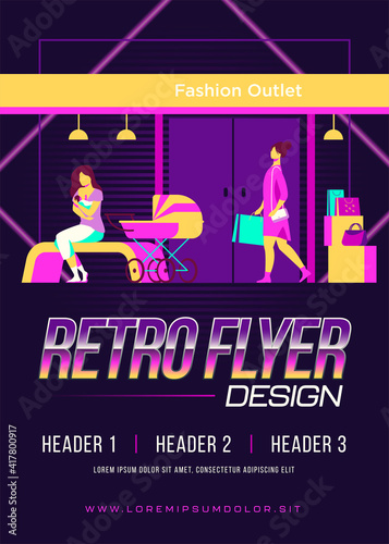 Mother feeding baby near fashion outlet. Store, pram, shopping flat vector illustration. Motherhood and lactation concept for banner, website design or landing web page