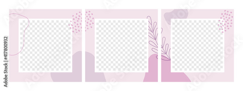 Vector set of abstract floral seamless backgrounds for social media posts. Minimal square templates with place for photos