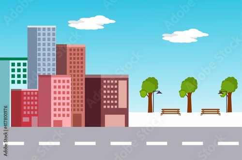 city landscape with trees and clouds