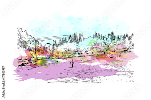Building view with landmark of Chamonix is the
commune in France. Watercolour splash with hand drawn sketch illustration in vector.