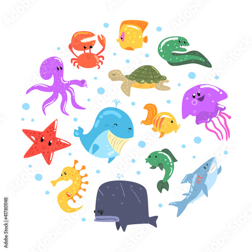 Marine Animals in Circular Shape  Underwater World Banner  Poster  Card  Flyer Design Template Cartoon Vector Illustration