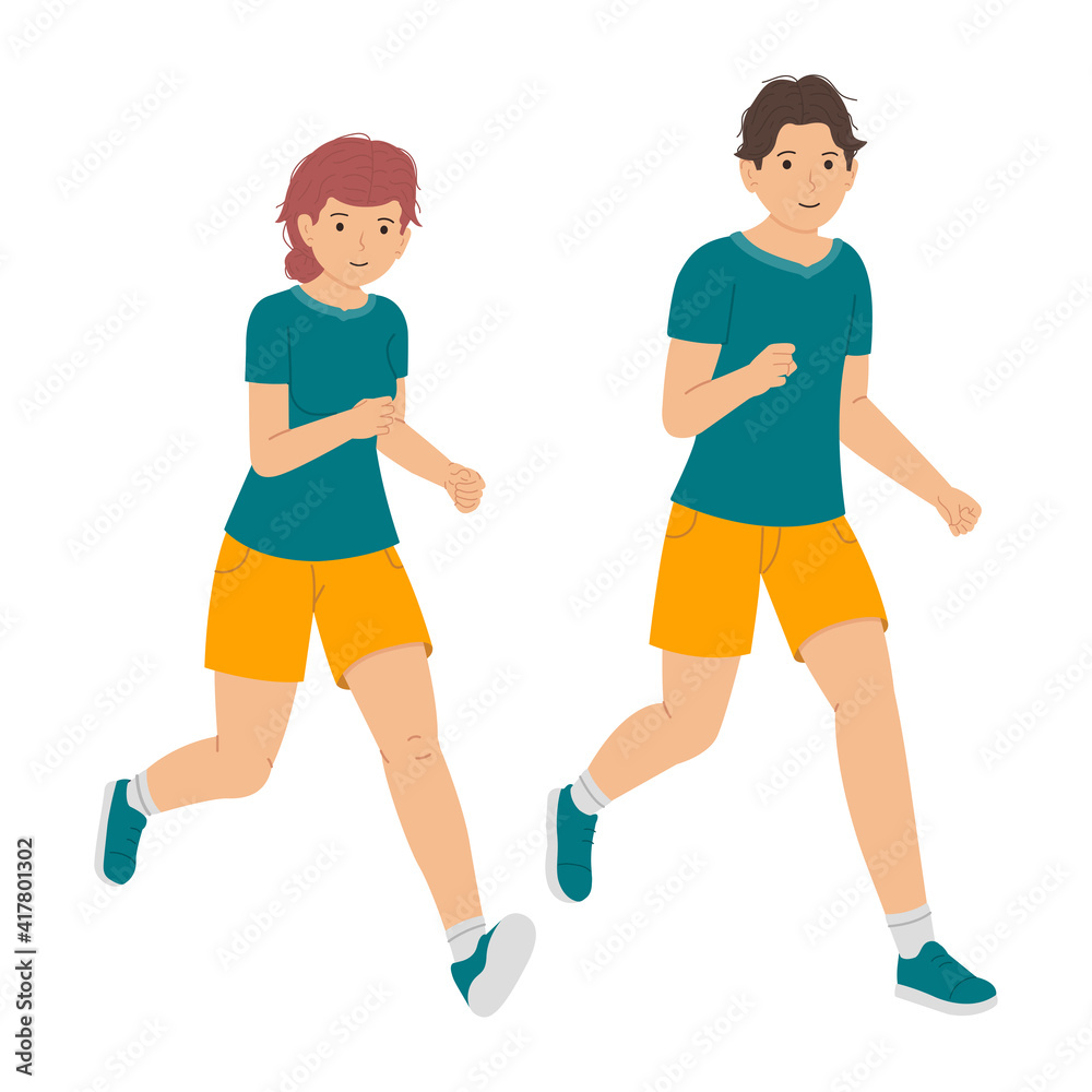 Young man and woman running together, young couple jogging vector illustration