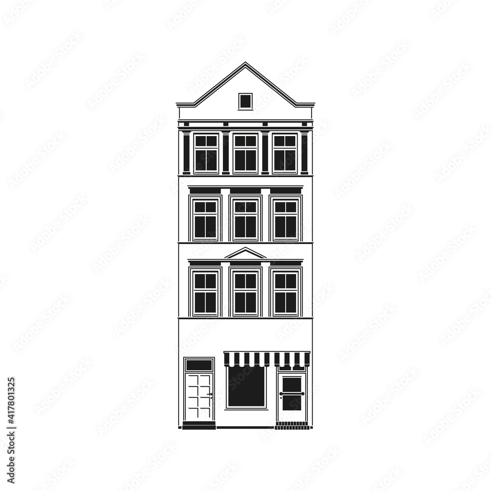 Old Town House with Shop silhouette vector illustration