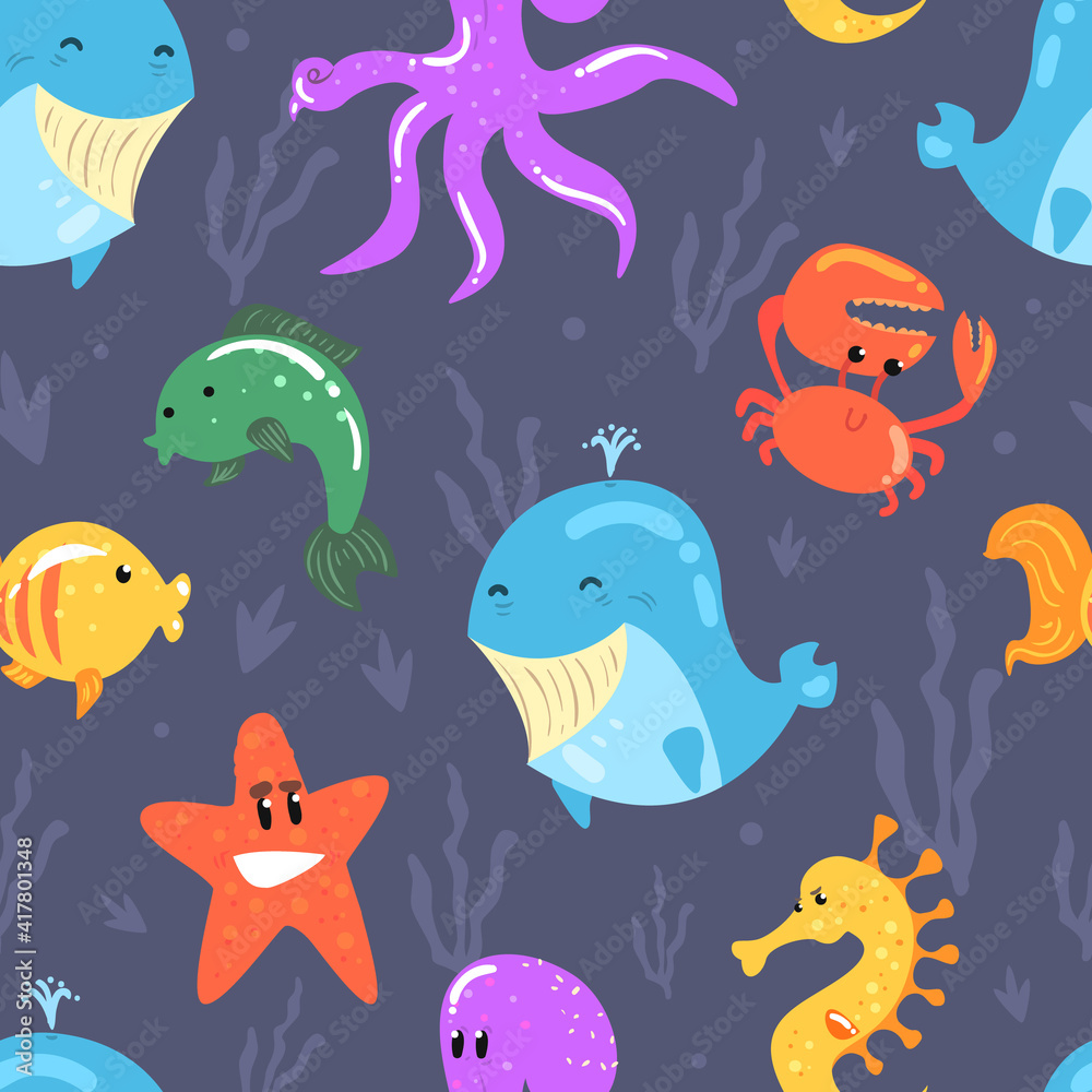 Marine Animals Seamless Pattern, Tropical Vacation Underwater World Endless Repeating Print for Background, Wallpaper, Textile, Packaging Vector Illustration