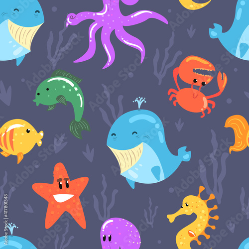 Fototapeta Naklejka Na Ścianę i Meble -  Marine Animals Seamless Pattern, Tropical Vacation Underwater World Endless Repeating Print for Background, Wallpaper, Textile, Packaging Vector Illustration