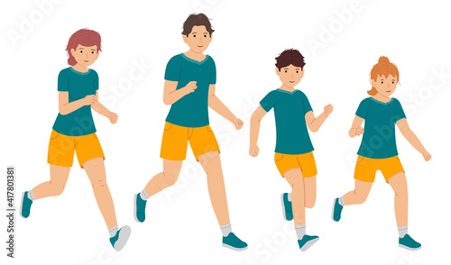 Happy running family, Father, mother, son and daughter run together vector illustration isolated on white background © Vladislav