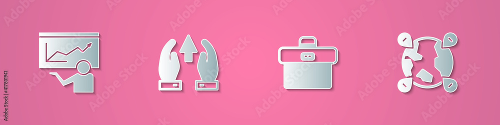 Set paper cut Training, presentation, Growth chart and progress, Briefcase and Location the globe icon. Paper art style. Vector. Set paper cut Training, presentation, Growth chart and progress, Briefcase and Location the globe icon. Paper art style. Vector.