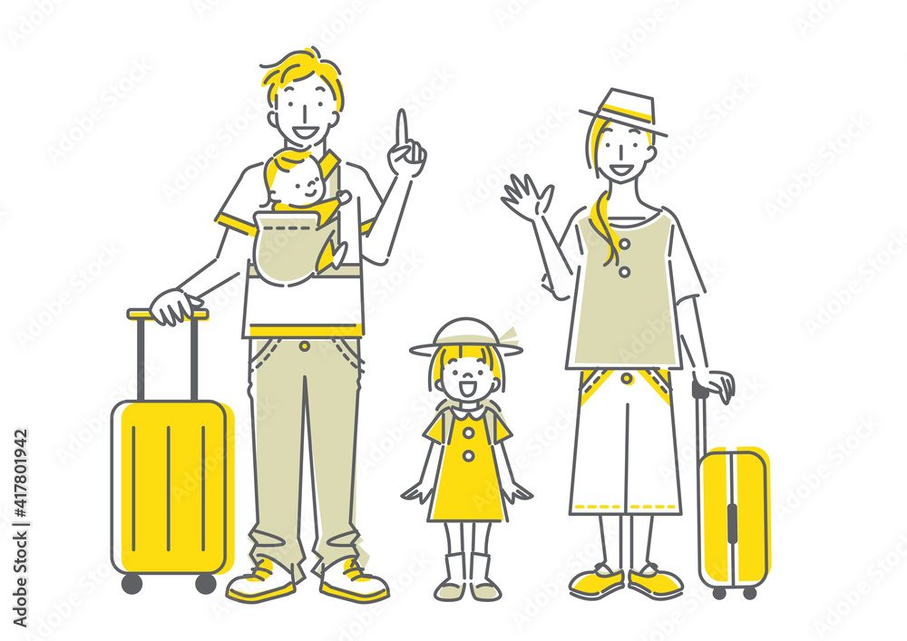 楽しく旅行へ出かける四人家族のシンプルでおしゃれな線画イラスト 二色 肌色なし Vektornyj Obekt Stock Adobe Stock