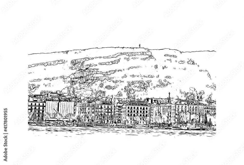 Building view with landmark of Chamonix is the
commune in France. Hand drawn sketch illustration in vector.