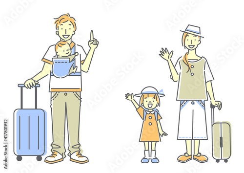 楽しく旅行へ出かける四人家族のシンプルでおしゃれな線画イラスト パステルカラー 肌色あり