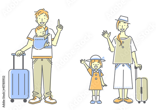 楽しく旅行へ出かける四人家族のシンプルでおしゃれな線画イラスト　パステルカラー　肌色あり