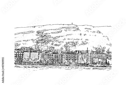 Building view with landmark of Chamonix is the
commune in France. Hand drawn sketch illustration in vector.