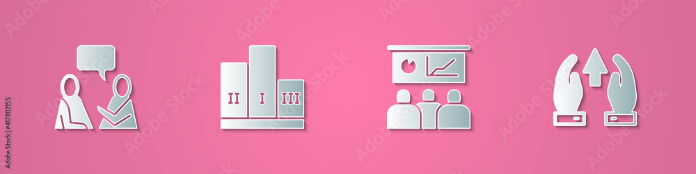 Set paper cut Two sitting men talking, Award over winner podium, Training, presentation and Growth chart and progress icon. Paper art style. Vector. Set paper cut Two sitting men talking, Award over winner podium, Training, presentation and Growth chart and progress icon. Paper art style. Vector.