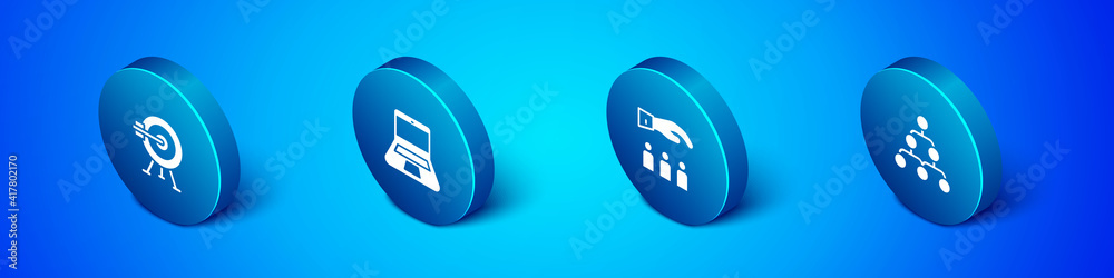 Set Isometric Target with arrow, Boss employee, Hierarchy organogram chart and Laptop icon. Vector. Set Isometric Target with arrow, Boss employee, Hierarchy organogram chart and Laptop icon. Vector.
