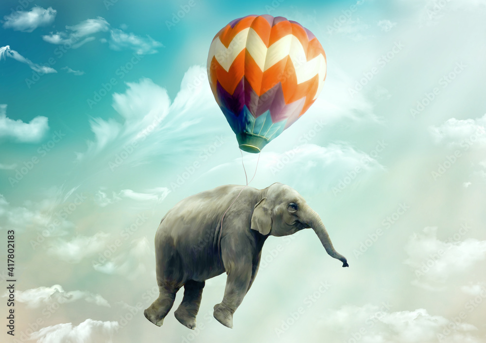 Fototapeta premium Huge Elephant floating or flying with air balloon with sky and clouds background. Fantastic surreal fantasy phantasmagoric illustration. Freedom concept. Imagination. Surrealism. Dream