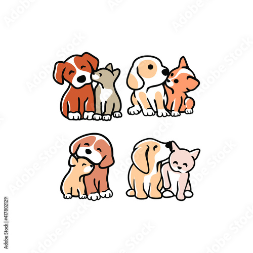 set of Cute funny cats and dogs logo   pets cartoon collection. Furry human friends home animals