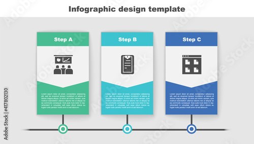 Set Training, presentation, Clipboard with checklist and Browser files. Business infographic template. Vector.