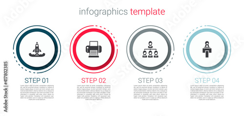 Set Rocket, Printer, Hierarchy organogram chart and Stage stand tribune. Business infographic template. Vector.