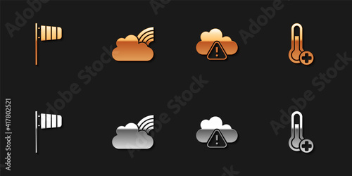 Set Cone windsock wind vane, Rainbow with clouds, Storm warning and Meteorology thermometer icon. Vector.