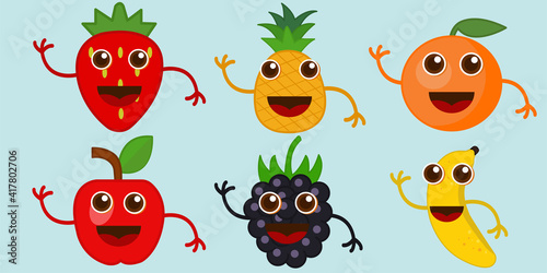 Vector collection of cute fruits.Cute and funny fruit set vector illustration